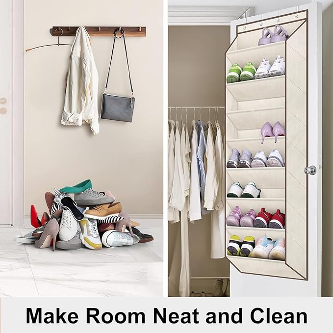 SLEEPING LAMB Over The Door Shoe Organizer for Closet with Large Deep Pockets, Narrow Shoe Rack for Door Hanging Boots Storage, Beige