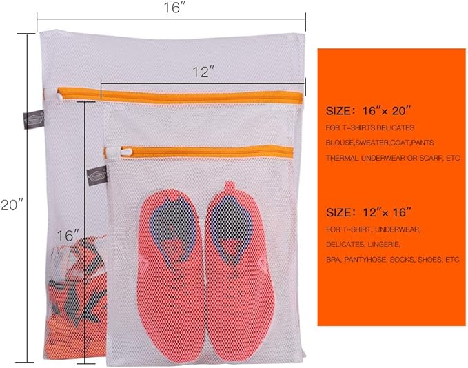 Kimmama Laundry Mesh Wash Bags, Lingerie Bags for Washing Delicates, Mesh Laundry Bags for Washing Machine, White Net, Orange Zipper, 1L & 1M