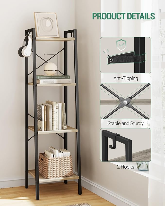 Ladder Shelf, Bookshelf Bookcase, Freestanding Corner Storage Shelve with 2 Hooks for Home Office, Living Room, Kitchen, Bedroom, Industrial, 11.8" D x 13.4" W x 47.2" H, Greige BC13205B