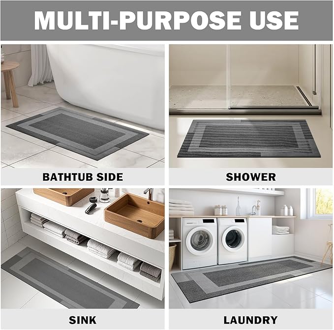 YDKGL Non Slip Bath Mat, Rubber Backing Ultra Thin Bathroom Rugs Fit Under Door Quick Dry Super Absorbent Washable Bath Rug Shower Mat for Bathroom Floor Bathtub Sink, Easy Care Dark Grey 16"x24"