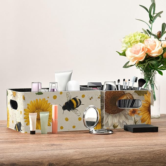 Closet Storage Bins 2 Pcs Felt Open Home Storage Containers Organizer with Handles Collapsible Shelf Basket for Home Office Craft Room Classroom Fabric Beige Dotty Bee Daisy Sunflower