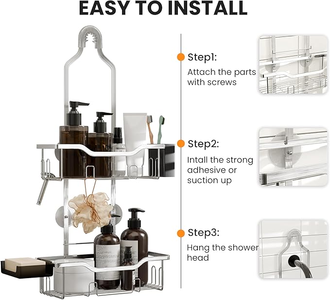 Hanging Shower Caddy Over Head,2 Tier Rustproof Shower Organizer for Tall Showerhead,No Drill Bath Caddy Hanging with Soap Dish and Toothbrush Holder for Razor and Sponge,Silver