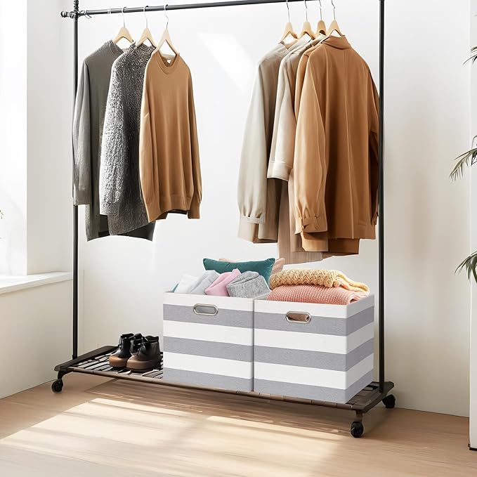 11x11 Cube Storage Bins, Collapsible Fabric Storage Cubes, Cubby Storage Organizer Bins Striped Container Baskets for Organizing Home Office Wardrobe Closet Shelf, Pack of 4, Gray/White