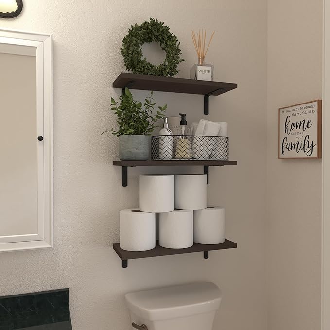 WOPITUES Wood Floating Shelves Set of 6, Shelves for Wall Decor, Farmhouse Shelf for Bedroom, Bathroom Storage Shelves, Book Shelves for Living Room, Dark Brown