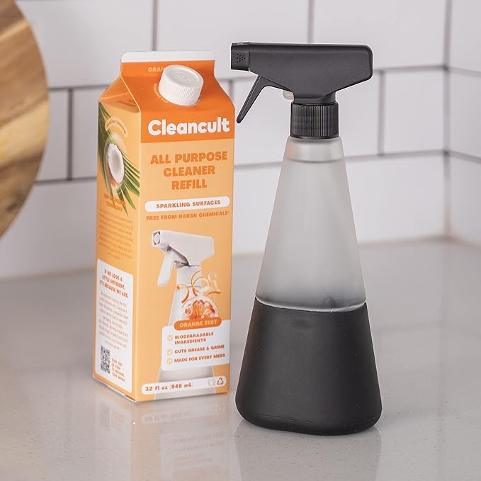 Cleancult Glass Spray Bottles (16oz, 2 Pack) - Refillable All Purpose Cleaning Spray Bottle - BPA-Free Plastic Nozzle & Non Slip Silicone Sleeve - Shatter Resistant, Dishwasher Safe - Matte Black