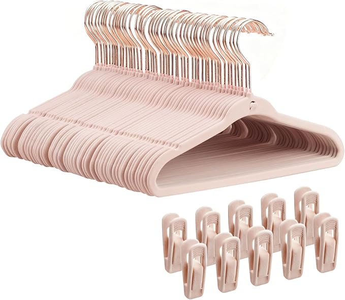 Kids Velvet Hanger 50 Pack, 11 Inch Baby Hangers with 10 Clips, Premium Non-Slip Newborn & Toddler Clothes Hangers with 360° Rose Gold Swivel Hook & Space-Saving Stackable Design, Pink