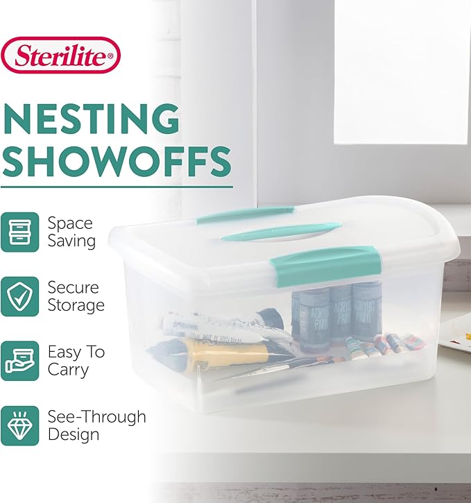 Sterilite 6 Pack Stackable Storage Bin with Latch Lid, Medium Nesting ShowOffs, Clear