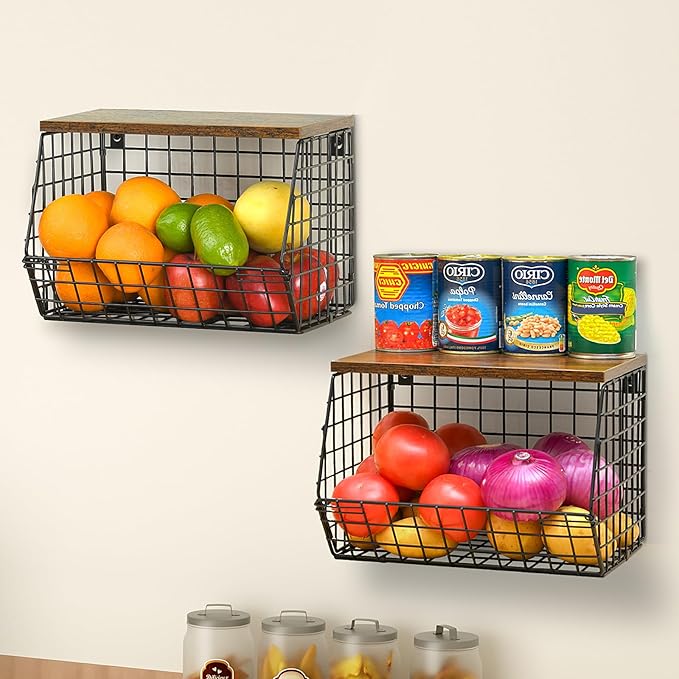 Wetheny 2pcs Fruit Basket Onion Storage Wire Basket with Wood Top- Wall Mounted & Stackable Kitchen Counter Organizer,Cabinet Organizer Bin for Potato,Produce,Bread,Snack Storage(Matte Black)