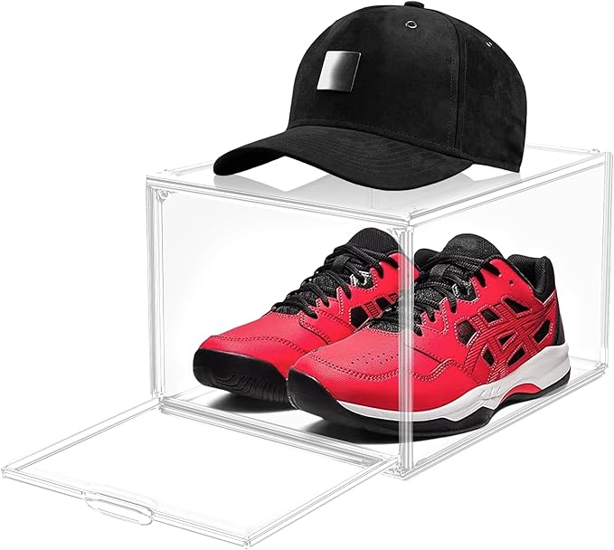 1 Pack Drop-Front Clear Shoe Storage Box Acrylic Box Shoe Organizer Size 13, Stackable Shoe Tower with Magnetic Door Large Storage Bins for Sneaker Containers Display & Closet Organization