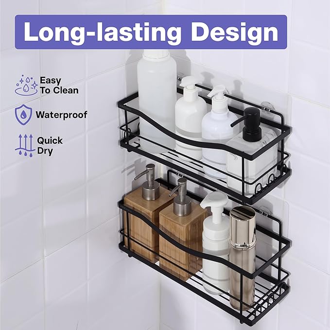 KINCMAX Iron Shower Caddies - Self Adhesive Bathroom Shelves for Showers - Wall Organizer Shampoo Holder Shelf - Peel and Stick On Caddy Bath Tub Rack - Pack of 2 Holders - Black