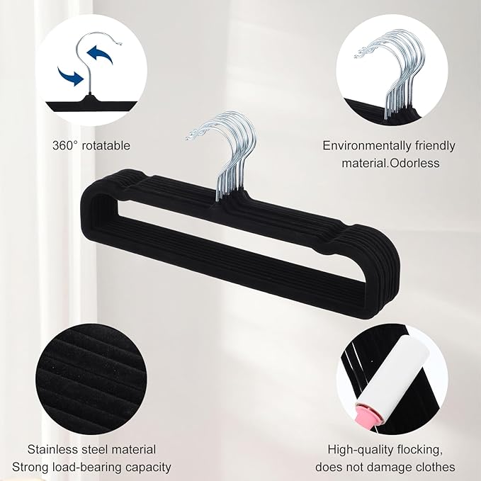 Velvet Pant Hangers Non Slip 20 Pack Black Velvet Hangers Plastic Rectangular Slim Velvets Hanger with 10 Hooks for Jean, Bra, Shorts