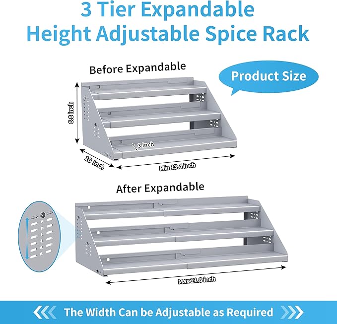 Spice Rack Organizer, Metal Spice Rack Organizer for Cabinet, Countertop Spice Rack - Expandable Width, 3 Tier Spice Shelf for Cabinet, Countertop, Pantry, Cupboard, Gray