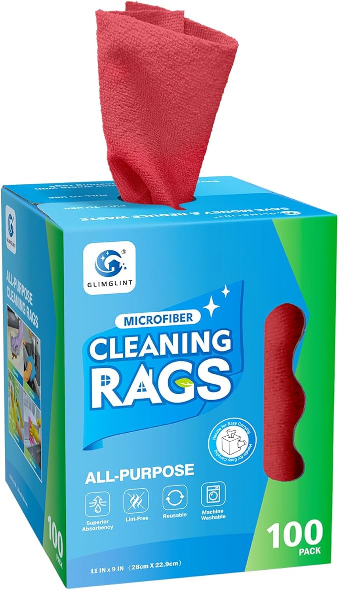 GLIMGLINT Red Microfiber Cleaning Cloth, 100 Pack Cleaning Rags, Lint-Free, Ultra Absorbent Reusable Paper Towels for Home, Kitchen, Car, Garage or Shop, Dish Rags, 11" x 9"