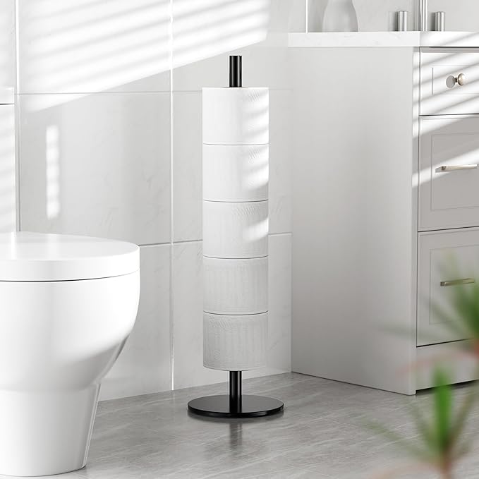 Black Toilet Paper Holder Stand for Spare Rolls Storage, Stainless Steel Freestanding Toilet Paper Holder with Shelf Hold 5 Paper Rolls