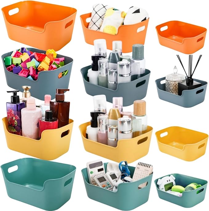 12 Pack Plastic Storage Bins and Baskets, Classroom Organizer Bins with Built-in Handle, Household Colorful Pantry Shelf Organization Container for Office Bedroom Countertop, 3 Sizes