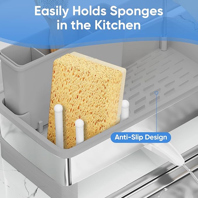 VUSIGN Sponge Holder for Kitchen Sink, Sink Caddy Organizer with Brush Holder, Rustproof Stainless, Self-Draining Sink Organizer for Countertop, Sponges, Brushes, Kitchen Decor and Accessories, Gray