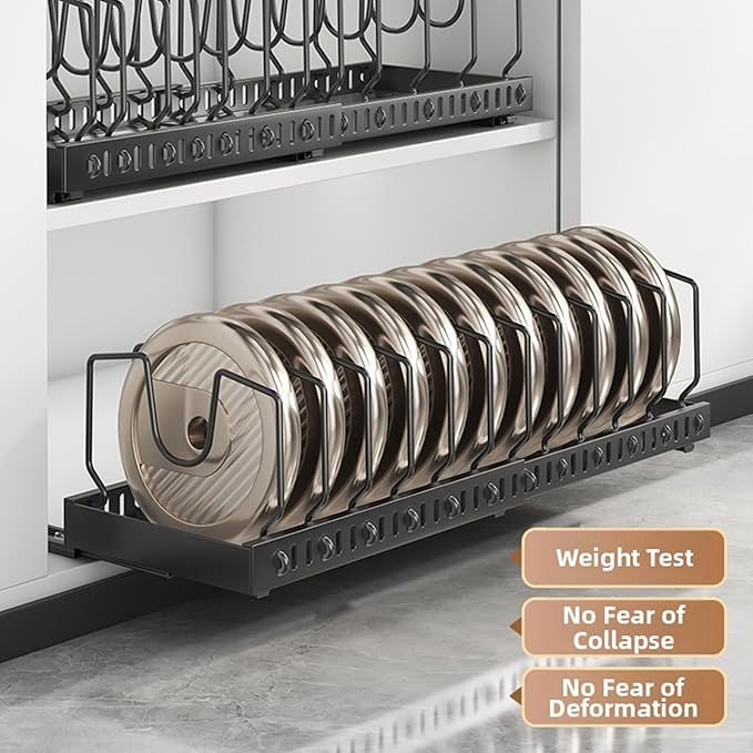 pots and pans organizer under cabinet,pot lid organizers inside cabinet holders for kitchen,Horizontal and vertical pulling modes,cast iron storage ((2pcs) Black vertical)