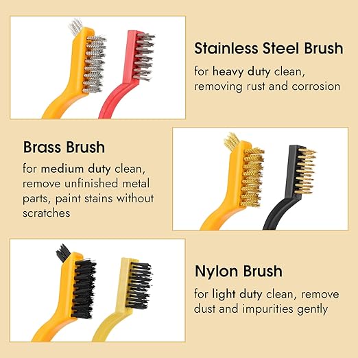 6 Pieces Wire Brushes Set, Small Metal Brass Brush, Stainless Steel Brush, Nylon Brushes for Cleaning Metal Rust and Paint Removal (Yellow+3 Mixed Color, L)
