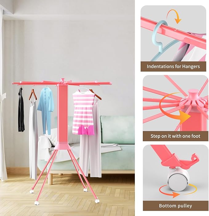 fendia Clothes Drying Rack Foldable & Collapsible Drying Racks with 4-Leg Octopus Design, Large Capacity Space Saving Indoor Drying Rack for Bedroom,Balcony,Laundry for Indoor/Outdoor Use（Pink）