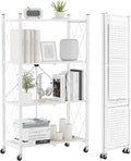 ALANNG Heavy Duty 4-Tier Folding Shelf with Wheels, No Tools Assembly Metal Storage Rack Cart, 264LBS Capacity for Kitchen, Pantry, Laundry Room, Garage, (White, 1PACK)