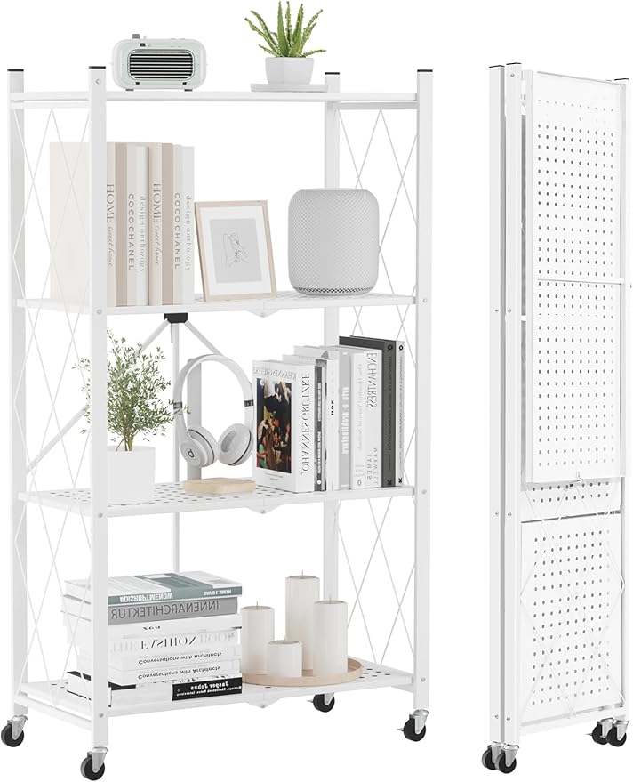 ALANNG Heavy Duty 4-Tier Folding Shelf with Wheels, No Tools Assembly Metal Storage Rack Cart, 264LBS Capacity for Kitchen, Pantry, Laundry Room, Garage, (White, 1PACK)