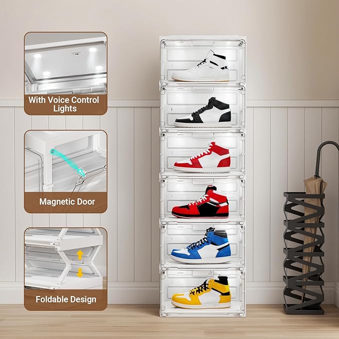 BROVIEW Led Shoe Boxes, Shoe Display Case with Lights, Large Clear Plastic Foldable Shoe Storage Box, Voice Activated Led Shoe Organizer Sneaker Case, Collection Crate, 2 Row 6 Tier White