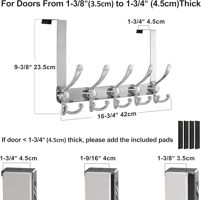 Dseap Over Door Hook 2.0 - Upgraded Version - Simple-Assembly, Strong, Heavy-Duty Stainless Steel 5-Tri-Hook Over The Door Hanger Rack, SimpleStrong Series, Chromed