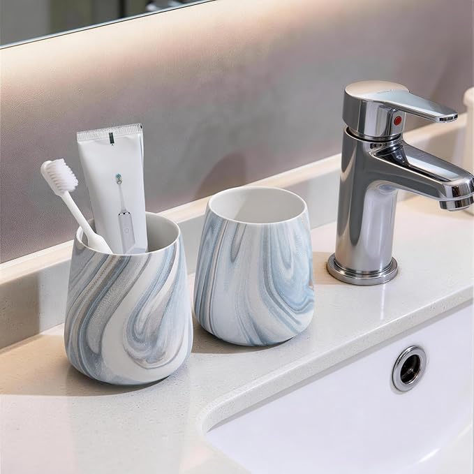 2Pcs Toothbrush Holder for Bathroom - Marble Blue Ceramic Tooth Brushing Holders Set, Toothbrush Cup & Toothpaste Organizer for Bathroom Countertop, Makeup Brush Holder, Pen Holder for Home Storage