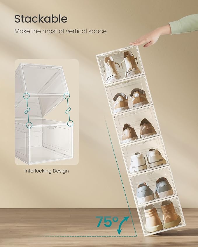SONGMICS Shoe Boxes, Clear Shoe Organizers, Set of 6, Plastic Shoe Storage with Clear Door, Easy Assembly, up to US Size 11, Transparent White ULSP032W06