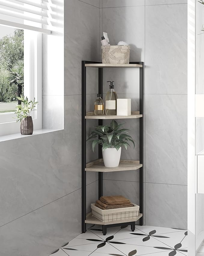 Corner Shelf Stand, Corner Bookshelf, Storage Standing Shelf Unit with Metal Frame, Plant Stand, Bookcase for Living Room, Home Office, Bedroom, 4-Tier Greige CS05805B