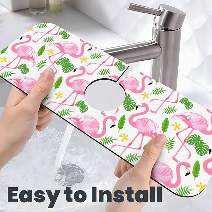 Faucet Draining Mat For Kitchen Sink, Pink Flamingo Leaf Diatom Mud Absorbent Drain Pad For Bathroom Kitchen Sink Splash Guard Drying Mat
