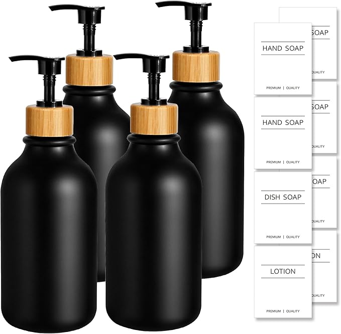 Black Soap Dispenser, 4 Pack Hand Soap Dispenser Bathroom with Bamboo Pump,17 Fl Oz Plastic Hand and Dish Dispenser Set for Kitchen, Refillable Liquid Soap and Lotion Dispensers Bottle