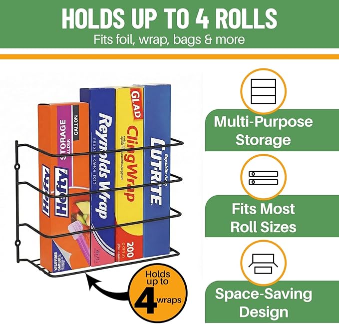 Evelots Kitchen Wrap Organizer - Hold up to 4 Plastic, Foil, Paper, Wax - Cabinet Door, Wall Rack Basket - Sandwich, Freezer, Food Bag Storage - Laundry Supplies - Black