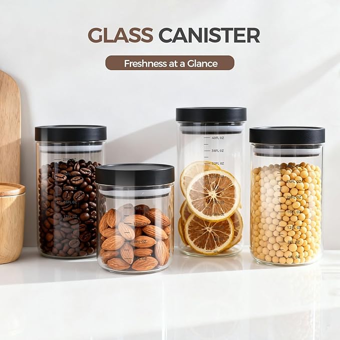 Danbark Set of 6 18oz Airtight Glass Storage Canisters with Lids - Pantry Organizers and Storage Glass for Kitchen - for Pantry, Flour, Sugar, Coffee, Tea, Pasta, Rice, and Snacks - Black