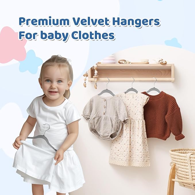 Smartor Premium 11 Inch Baby Hangers 50 Pack, Grey Kids Velvet Hanger, Non Slip, Space Saving Felt Hangers Clothes Organizers for Closet with 360° Swivel Hook for Children, Infant & Toddler