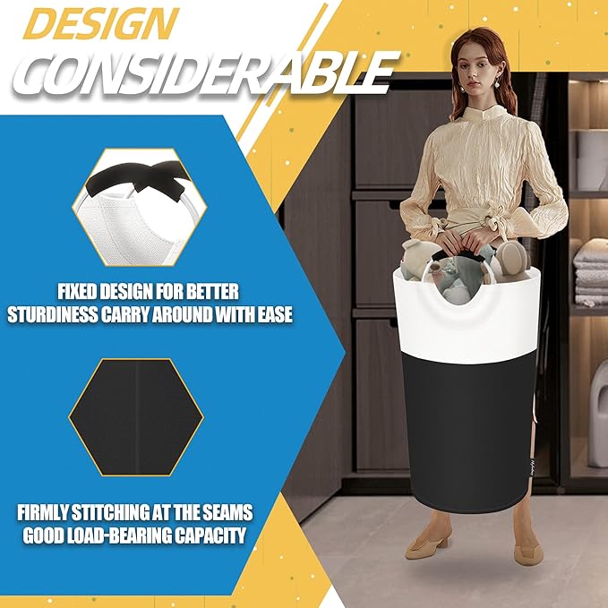 90L Laundry Basket, Collapsible Laundry Hamper with Padded Handles, Waterproof Laundry Bag, Tall Clothes Hamper Stand Up Well, Foldable Laundry Baskets for Easy Storage(Black)