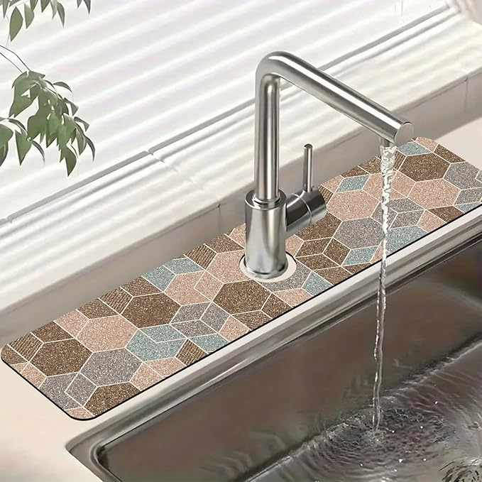 Geometry Blocks Sink Faucet Absorbing Mat Glitter Geometry Super Absorbent Fast Drying Mat Sink Gadgets Behind Faucet Sinkmat for Kitchen Bathroom, 23.5"x5.5"