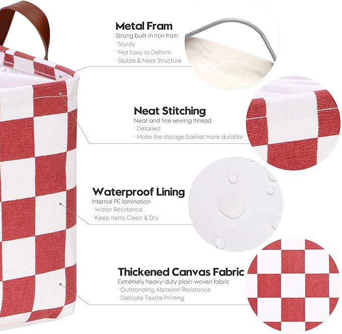 Hinwo Large Canvas Fabric Storage Basket with Handles, 33L/8.6-Gal Rectangle Bin, Collapsible Storage Box, Clothes, Toys, Blankets Organizer, 16.5 x 12 x 10 Inches (L, Red Checkerboard)