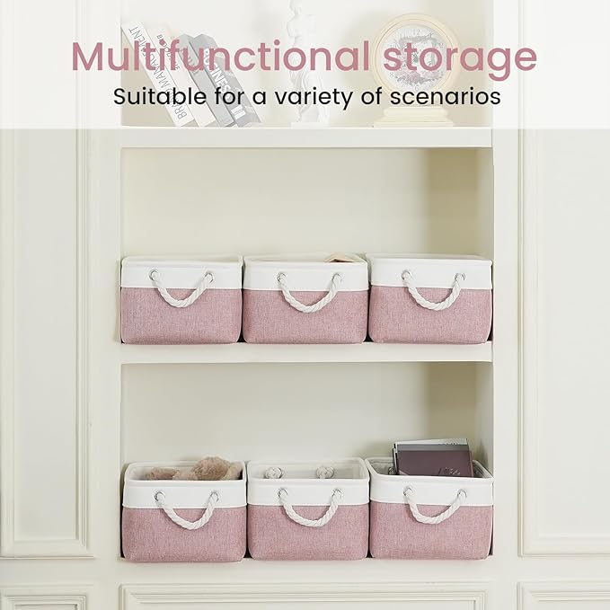 Storage Baskets for Shelves 13.8x9.8x6.7 Inch, Foldable Fabric Storage Bins with Handles, Small Storage Baskets for Organizing Closet, Office, Home Organization (1-Pack, White&Pink)