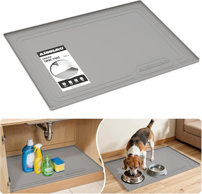 Aisslro Under Sink Mat 34" X 22", Waterproof Silicone Cabinet Organizer Protector with Raised Edge, Kitchen & Bathroom Leak Tray, Shelf Liner & Pet Feeding Mat for Dog Cat Food Mats, Gray