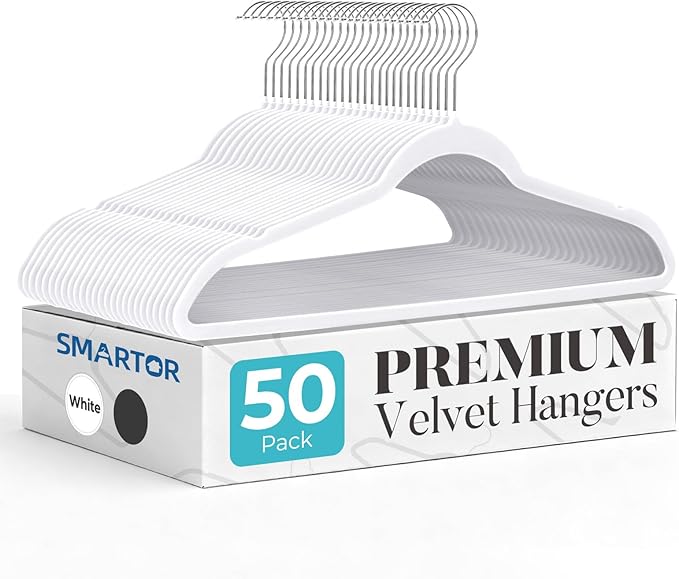 Smartor White Velvet Hangers 50 Pack, Non Slip Clothes Hangers with Shoulder Notches, Premium Slim Space Saving Felt Hanger for Closet Organizers and Storage, Heavy Duty Hanger for Coat