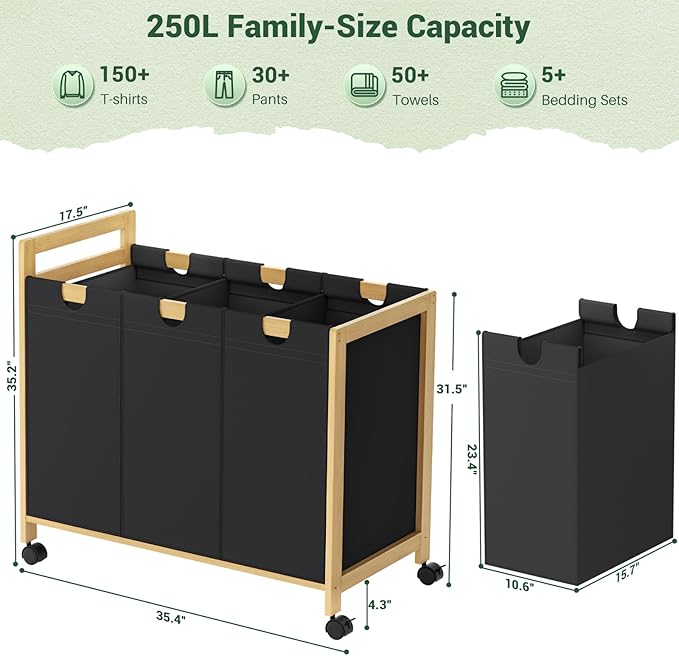 Homykic 250L Laundry Sorter Cart with Wheels, 3-Section Rolling Laundry Basket with Removable Bags, 66 Gal Large Laundry Hamper Organizer, Heavy Duty Bamboo Frame, Water-Resistant, Black