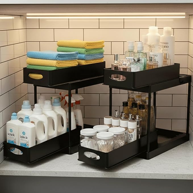 2 Pack Under Sink Organizer, Pull-Out Cabinet Storage Organizers for Bathroom & Kitchen, Multi-Purpose Under Counter Shelf Rack for Cleaning Supplies, Bottles & Toiletries, Cabinet Organizer-Black