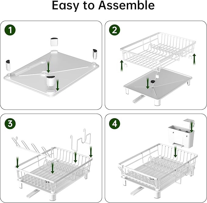 Dish Drying Rack, Dish Racks for Kitchen Counter, Detachable Dish Drainer with Drainboard, Utensil Holder, Cup Holder, Space Saving Kitchen Drying Rack for Small Home and Appartment, White