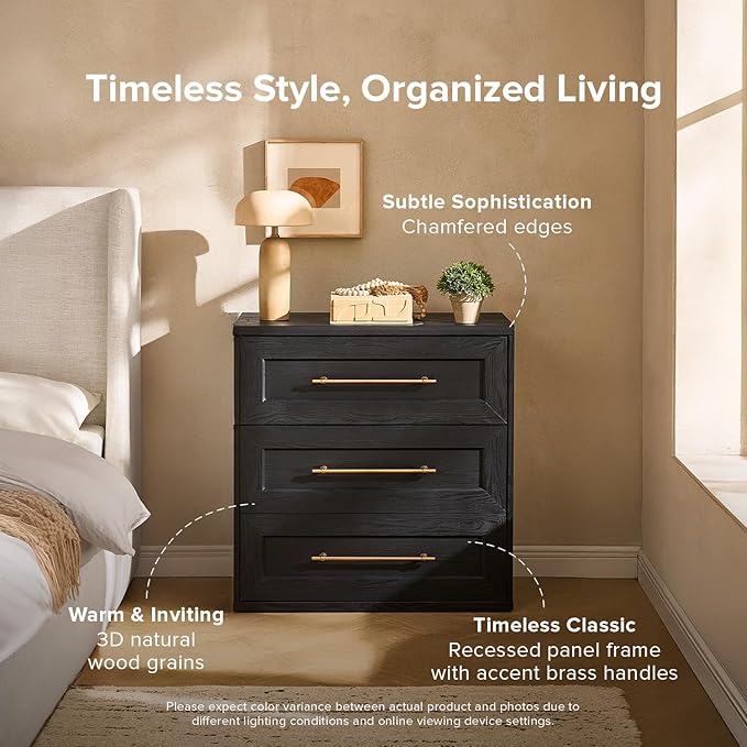 mopio Blake 3 Drawer Dresser for Bedroom, Chest of Drawers, Wood Dresser Organizer, Modern Farmhouse, Tall Night Stand, Enhanced Safety, Sturdy Compliant (Black Oak, Single)