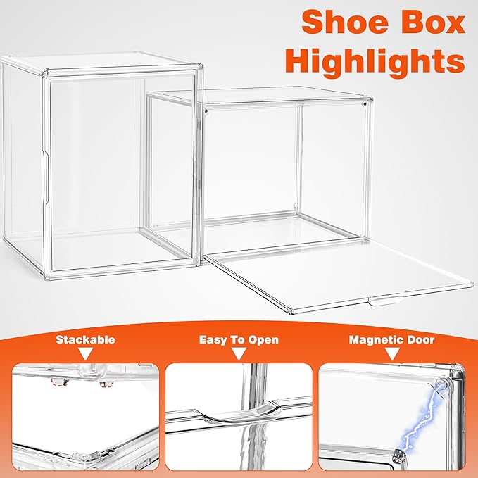 XXX-Large Extra Large Acrylic Display Case 17.3'' x 13'' x 13'' Transparent Sneaker Shoe Organizer Clear Plastic Stackable Boot & Shoe Boxes Large Showcase for Helmet, Handbag, Figures Collectibles