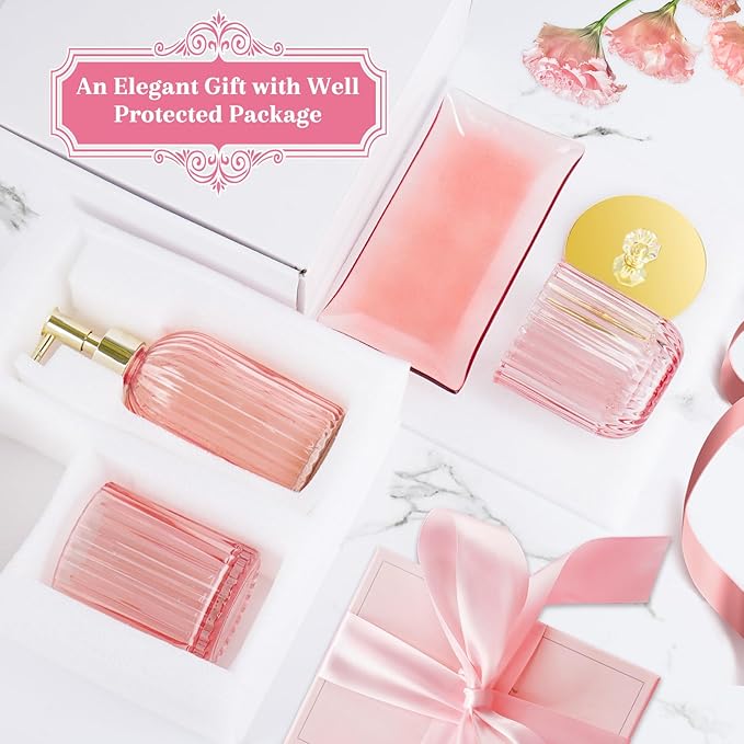 Pink Bathroom Accessories Set 4PCS Glass Bathroom Accessories Set with Soap Dispenser Toothbrush Holder Qtip Holder & Vanity Tray, Pink and Gold Bathroom Decor