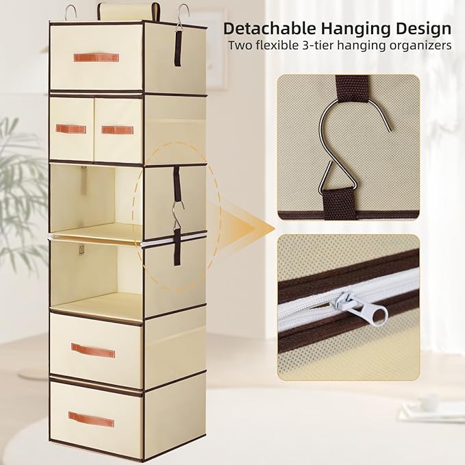 Hanging Closet Organizer 6-Shelf, Upgrade Hanging Shelves for Closet with 5 Removable Drawers & Side Pockets, Hanging Shelf Organizer for Bedroom or Garment Rack, 12.6'' x 12.6'' x 44.1'', Beige