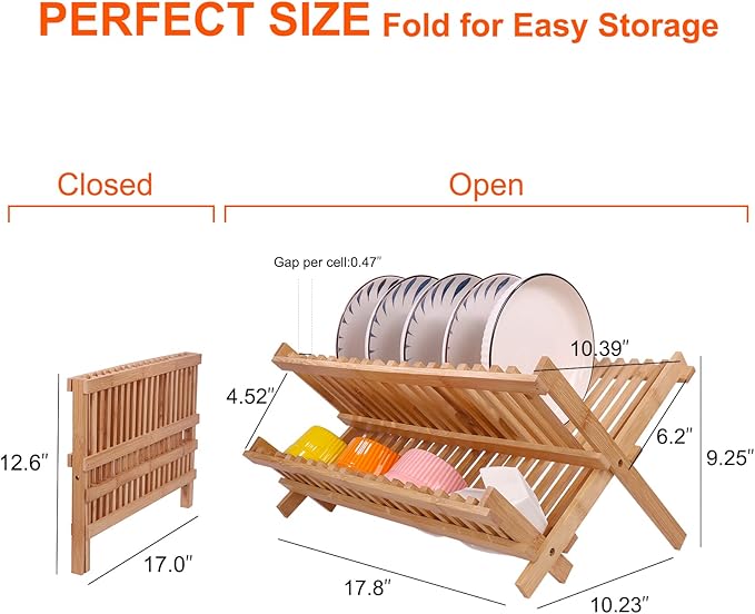 SZUAH Collapsible Bamboo Dish Drying Rack - 2 Tier Space Saving Kitchen Counter Organizer, Holds 19 Plates, Bowls & Utensils (17.8"x10.23"x9.25")