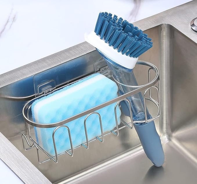 Sink Caddy Sponge Holder for Kitchen Sink 2 Suspension Options(Suction Cups and Adhesive Hook), SUS304 Stainless Steel, Silver